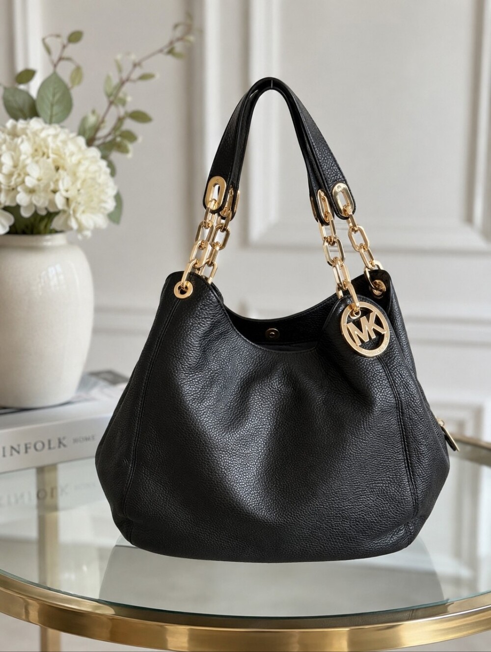 Michael Kors Black Pebbled Leather Hobo with Gold Chain-Strap 3 Section Interior